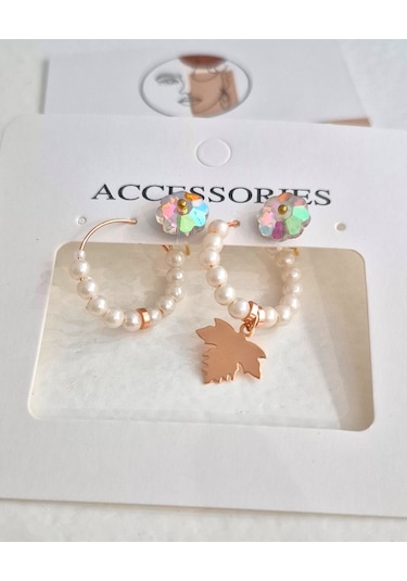 Glamglamour Küçük Halka İncili Küpe Seti Rose Gold