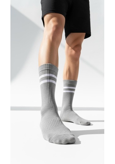 Erkek Spor Çorap 2 Li Set Pamuklu, Nefes Alan, Esnek Çizgili Model Gri Beyaz