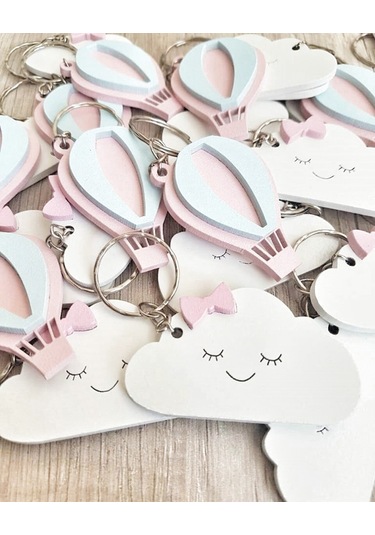 Hdrlazerdizayn Ahşap Bulut Ve Balon Anahtarlık-Kız Bebek/Çocuk(10'Lu Paket)