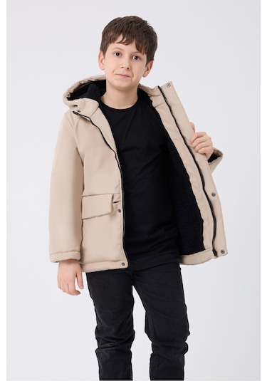 Spor Erkek Spor Çocuk Kürklü Su Ve Rüzgar Geçirmez Kapüşonlu 3 Cep Mont & Kaban & Parka Taş
