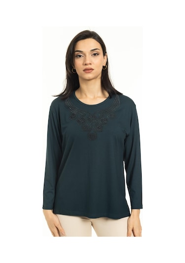 Kadın Orta Yaş Ve Üzeri Yeni Model Yuvarlak Yaka Likralı Anne Penye Bluz 30550-Yeşil