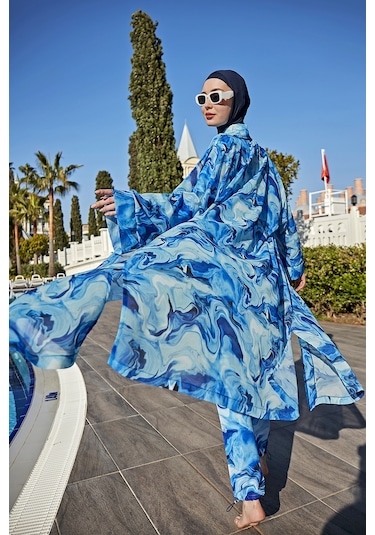 Remsa Mayo Remsa Tesettür Mayo Üzerine Tek Kaftan Kimono Pareo Rp010 Nil Mavi