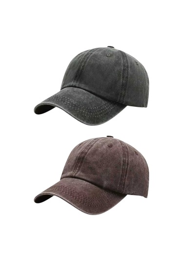 Tezzgelsin Unisex Eskitme Vintage Pamuklu Ayarlanabilir Beyzbol Kep Şapka 2'li Set Haki - Kahverengi