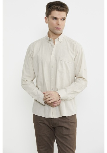 Keten Karışımlı Uzun Kol Gömlek - Bej Bej