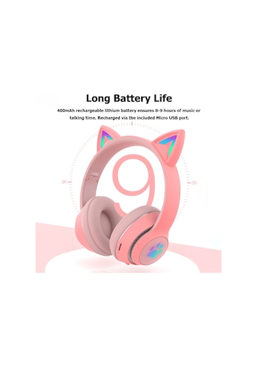 Mor Renkli Bluetooth 5.0 Işıyan Kedi Kulaklıkları