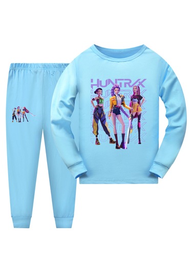 Kpop Hunter Cadılar Anime Baskılı Kız Çocuk Trend Pijama Takımı Açık Mavi