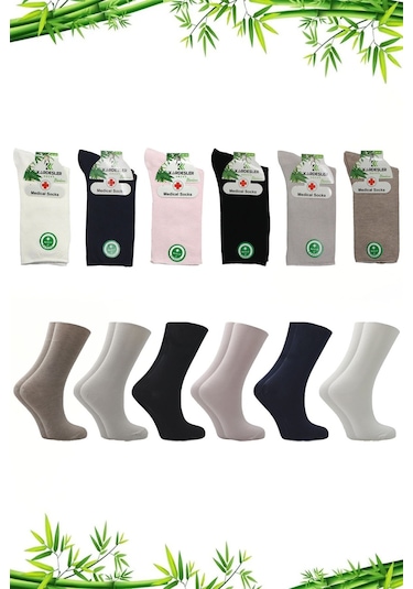 Bambu Kadın Çok Renkli Soket Diyabetik Şeker Çorabı Sıkmayan Çorap 6'lı Paket Çok Renkli