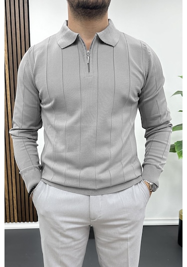 Erkek Yarım Fermuarlı Polo Yaka Mevsimlik Kazak Gri Edw195 Gri