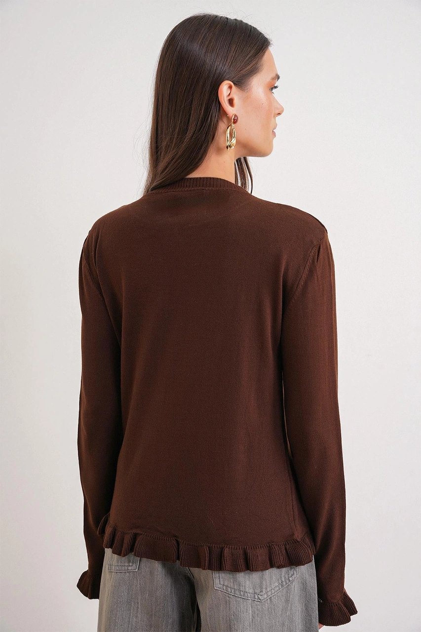 6964 Kadın Düz Fırfırlı Düğmeli Hırka Kahve Kahve