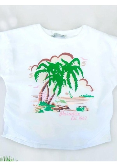 Kız Çocuk Yüzde Yüz Pamuklu Ön Yüzü Şifon Baskılı Şık Bluz-14115 Ekru