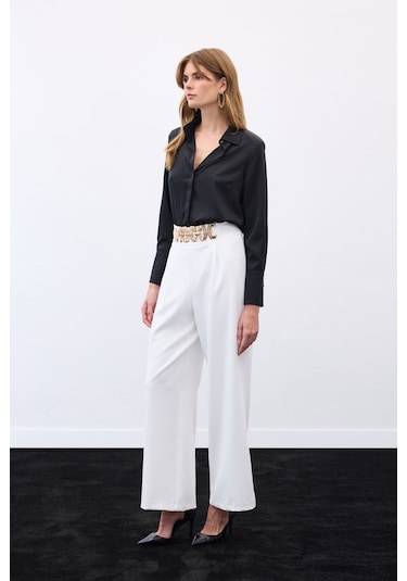 Sateen Kemerli Salaş Pantolon - Ekru-136533 Ekru