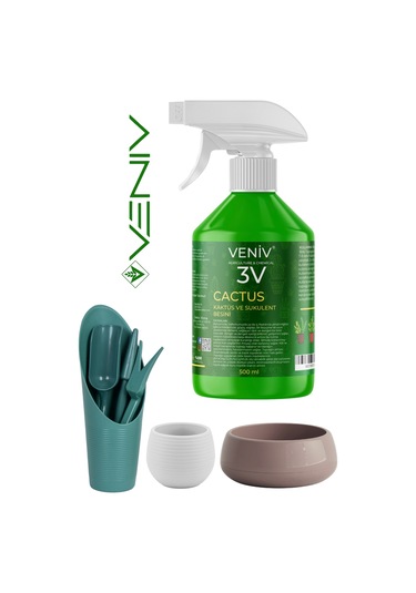 3v Cactus 4 Parça 1l & 0,13l Saksı Kaktüs Dikim Seti Bitki Besini 500ml 5