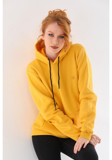 Everest Everst Kapüşonlu 3 İplik Şardonlu Kanguru Cepli Sweatshirt Sarı