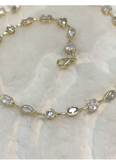 Canka Altın Kaplama Taşlı İthal Choker Tasma Gümüş Kolye