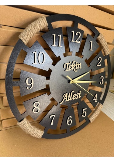 Özel İsimli Ahşap Dekoratif Halatlı Duvar Saati Siyah