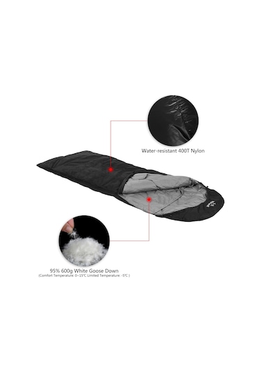 600g Kuş Tüyü Uyku Tulumu Beyaz Kaz Tüyü Siyah Siyah