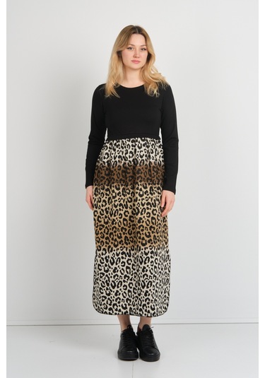 Sistas Kadın Leopar Desenli Yanları Yırtmaçlı Bisiklet Yaka Elbise 24922 Kahve-bej Kahve-bej