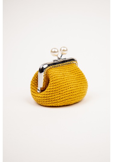 Fabric Craft Bag Bozuk Para Cüzdanı Merserize İplik Klipsli Örgü Hardal Sarısı