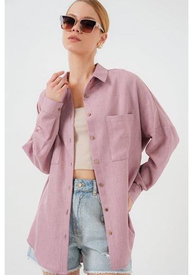 Gülsüm Aydın 20126 Oversize Keten Gömlek - Gül Kurusu GÜL KURUSU