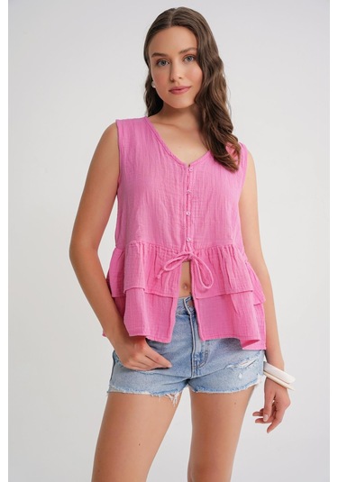 4722 Kadın V Yaka Fırfırlı Müslin Bluz Pembe Pembe