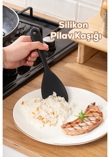 Porsima 5262 Sert Uçlu Silikon Pilav Kaşığı Dayanıklı Yanmaz Yapışmaz Çizmez Pilav Kepçe Kaşığı Siyah 22cm Siyah