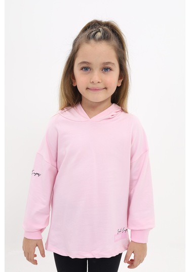 Toontoy Kız Çocuk Relax Fit Kapüşonlu Düşük Omuz Baskılı Sweatshirt - 2 İplik Açık Pembe
