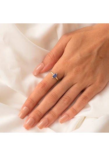 Gümüş Yüzük - Octagon Kesim Safir Taşlı 0.95 Karat Pırlanta Montorü Şık 925 Ayar Gümüş Yüzük Sarı