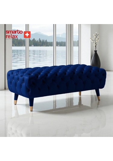 Smarto Relax Puf Adelboden Ahşap Ayaklı Kapitoneli 110x45x40 Cm Lacivert Lacivert