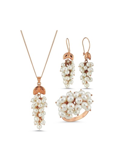 Kadın Üzümlü Doğal İnci Küpe Kolye Yüzük Üçlü Set 20 / Rose Gümüş