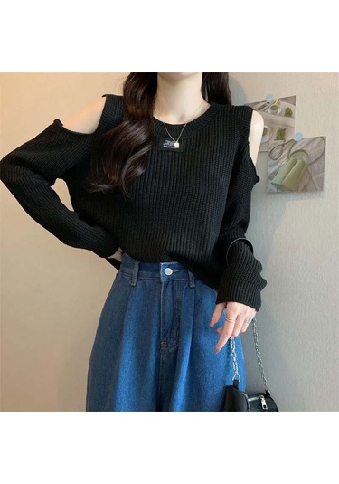 Siyah Tasarım Duygusu Sonbahar Kış Kazak Kazak Triko Kadın Kapalı Omuz Astar Dışında Giyin İnce Tasarım Üst Siyah