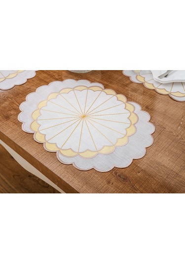 Finezza Mila Nakışlı Keten Efekt Kumaş Krem Sarı A.Servis 33x45 cm 4 Ad.-1392 Krem