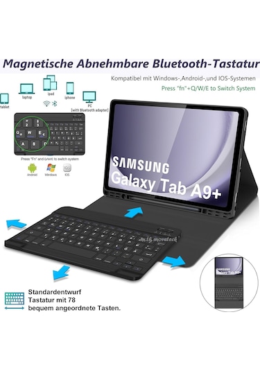 Samsung Galaxy Uyumlu Tab A9 Plus 11'' Klavyeli Kılıf Bluetooth Özellik