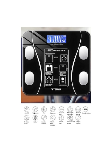 Torima Xk-26c Siyah Dijital Baskül Yağ Kas Su Vücut Kitle İndeksi Kilo Ölçer Bluetooth Tartı