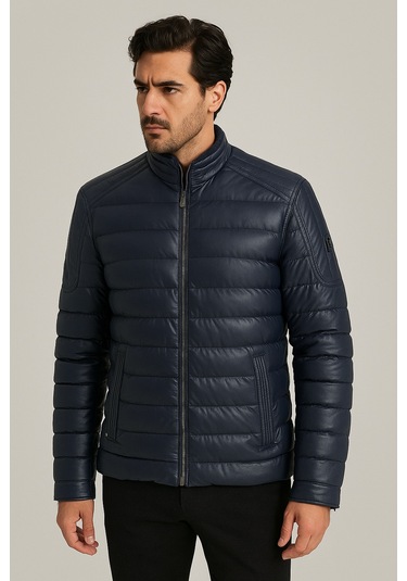 Su Geçirmez Regular Fit Erkek Şişme Suni Deri Mont Lacivert 4528 Lacivert