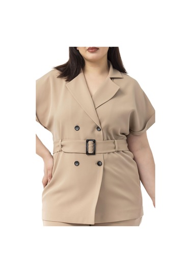 Büyük Beden Kruvaze Kemerli Yarım Kollu Vizon Ceket Pantolon İkili Takım Vizon