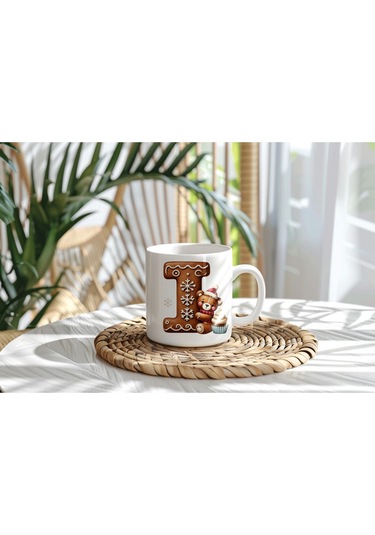 I Kurabiye Harf Ve Ayıcık Detaylı Kupa Bardak - Yeni Yıl / Yılbaşı Temalı Tasarım - Noel Hediye Beyaz