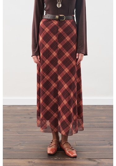 Desenli Tül Etek Kahverengi Ekose Kahverengi Ekose