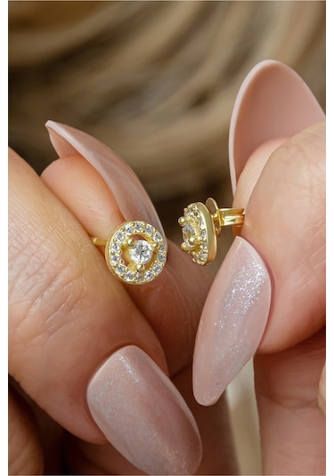 Nereze 925 Ayar Gümüş Gold Kaplama Minimal Tektaş Yuvarlak Küpe