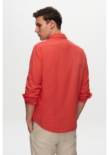 D'S Damat Ds Damat Slim Fit Nar Çiçeği Düğmeli Yaka %100 Pamuk Yazlık Flamlı Keten Görünümlü Gömlek 6HC02ORT63265 Narçiçeği