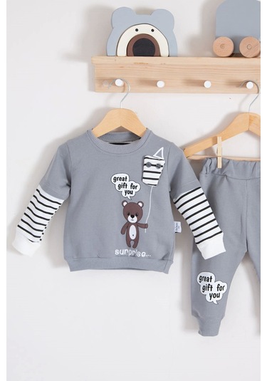 Gift For You Desenli 2'li % 100 Pamuk Erkek Bebek Takımı Gri