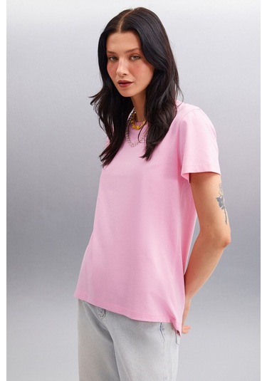 GRIMELANGE Samantha Kadın %100 Organik Pamuklu Comfort Fit Arkası Uzun Basic Örme Pembe T-shirt Pembe