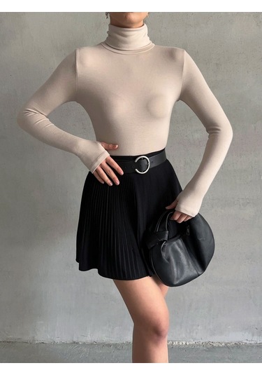 Kadın Parmak Detaylı Balıkçı Yaka Soft Bluz Bej