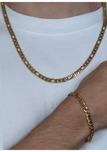 Saat Farkı Gold Figaro Model Çelik Unisex Kolye Ve Bileklik Set 2,5mm Gold