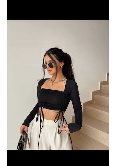 River Island Kadın Siyah Önü Büzgü Detaylı Crop Bluz
