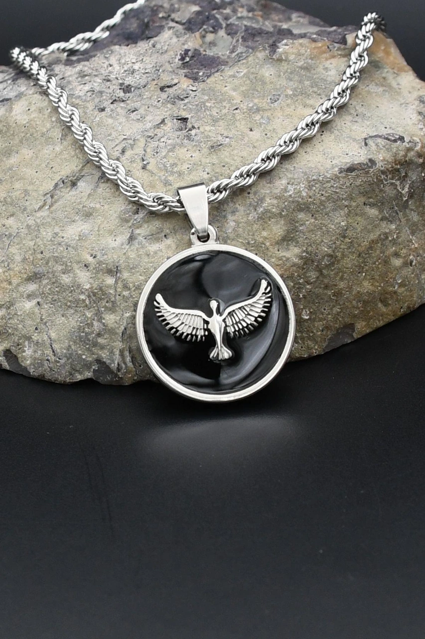 Anka Kuşu - Kartal Figürlü Kolye Paslanmaz Çelik Zincir 3mm 902301 Gümüş