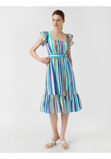 Koton Midi Boy Elbise Kuşaklı Fırfırlı Yeşil Çizgili 2sak80335ew 2SAK80335EW7S7 Yeşil