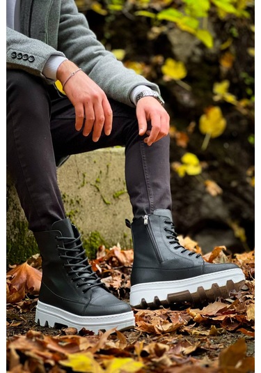 Kb-0993 Siyah Cilt Beyaz Yüksek Taban Postal Bot Siyah