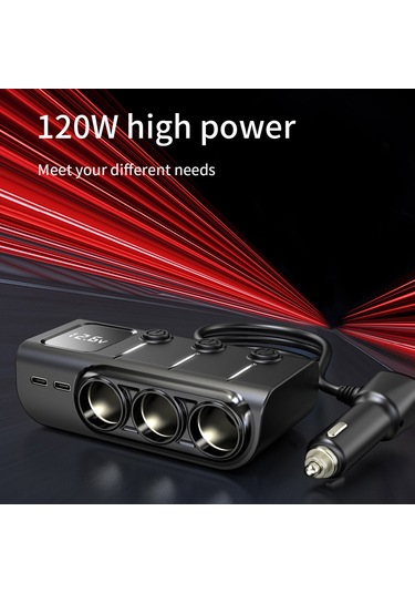 Springsun 120w Araç Şarj Cihazı, 3 Usb + 2 Type-c, Pd Hızlı Şarj, Bağımsız Anahtar, Gerilim Monitörü, Siyah 12-24v