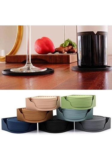 Novahub 8 Adet Siyah Silikon Bardak Altlığı Tutucuyla Kaymaz Yivli, Isıya Dayanıklı, Bulaşık Makinesinde Yıkanabilir Siyah