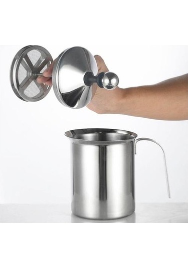 Soulader Çift Katlı Ağ Yapılı Paslanmaz Çelik Manuel Süt Köpürtücü Kremalı Köpük Yapma Aleti 400 Ml Cappuccino Ve Latte Makinesi Gümüş